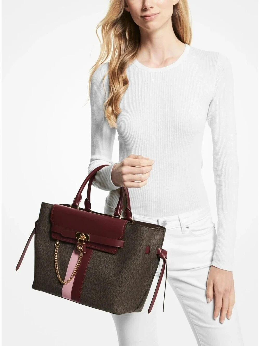 MICHAEL KORS HAMILTON LEGACY BROWN MERLOT LOGO BELTED CHAIN LARGE SATCHEL NWT